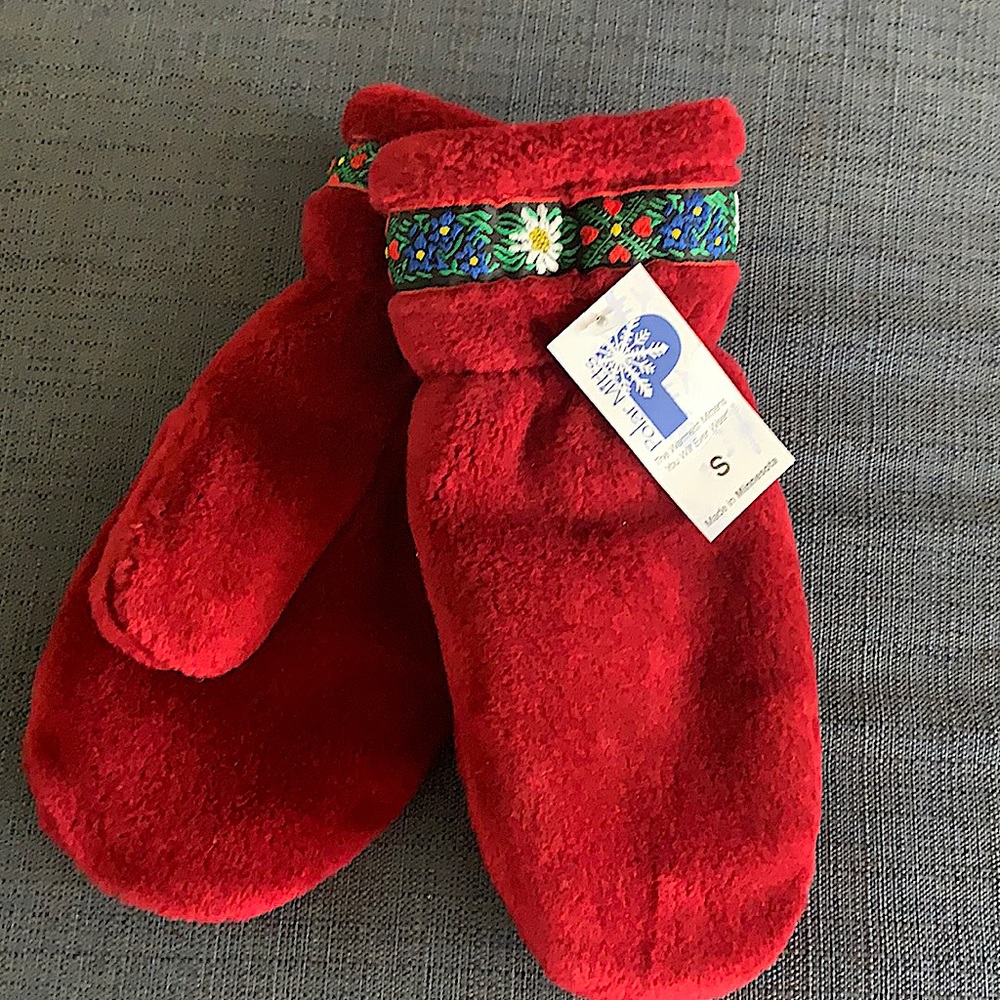 Red polar fleece mittens with brocade trim.